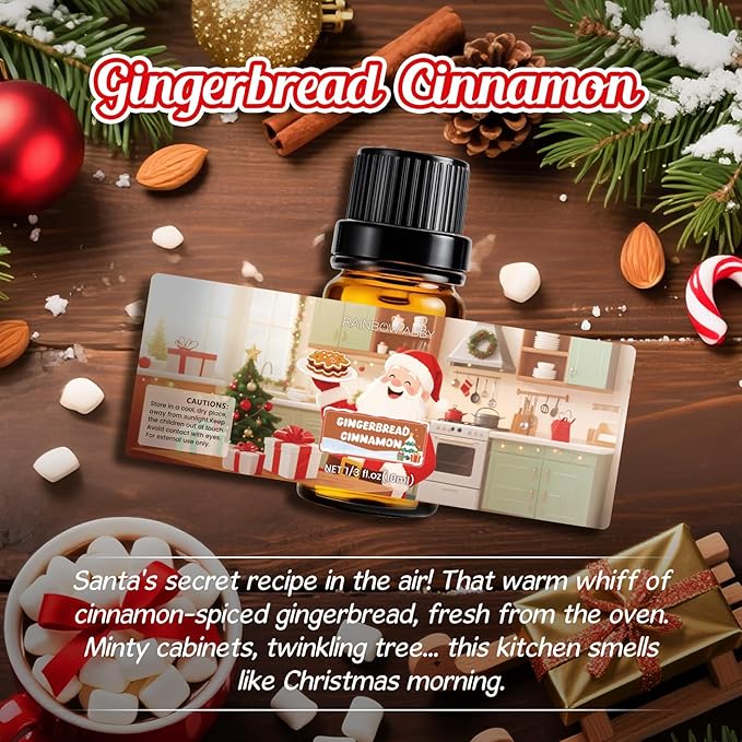 RAINBOW ABBY Christmas Fragrance Oil Set, Holiday Essential Oils for Diffuser, Fresh Cut Wood, Campfire Whisper, Candy Land, Gingerbread Cinnamon, Vanilla Cinnamon, Berries & Cream, 6X 10ml