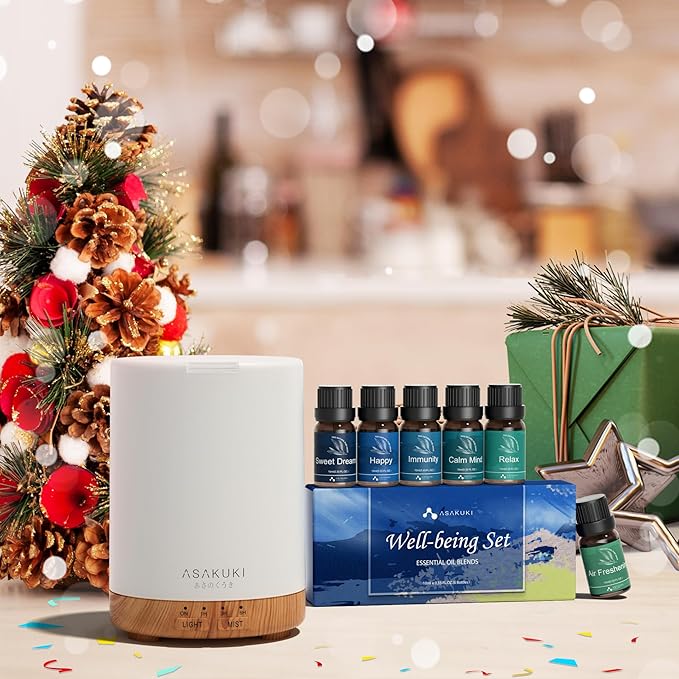 ASAKUKI Essential Oil Diffuser for Home, 300 ml Aromatherapy Diffuser with 6 Essential Oil Sets, Automatic Shut-Off, 7 LED Lights for Living Room, Bedroom, Hotel, Gift for Mom - Brown with Oils