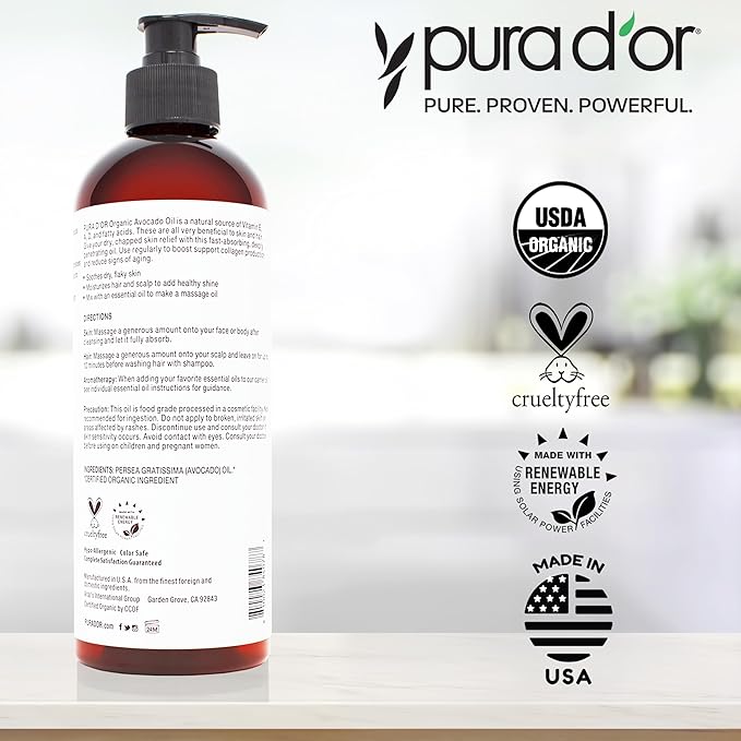 PURA D'OR ORGANIC Avocado Oil (16 Oz) 100% Pure & Natural USDA Certified Cold Pressed Carrier Oil For DIY Beauty, Non-Greasy, Unscented, Hexane Free Liquid Moisturizer - Face Skin & Hair - Men & Women