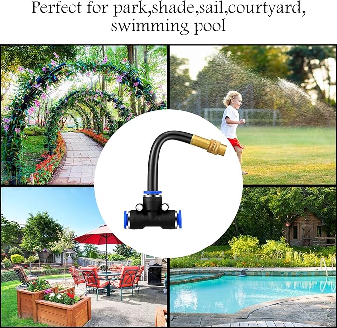 Zonon 15 Pcs Brass Misting Nozzles Tee with 4" Built in Hose for 0.32"/8 mm Tubing 360 Degree Rotation Adjustable Water Mister Nozzle Thread Sprayer Misting Part Accessories for Patio Outdoor Cooling