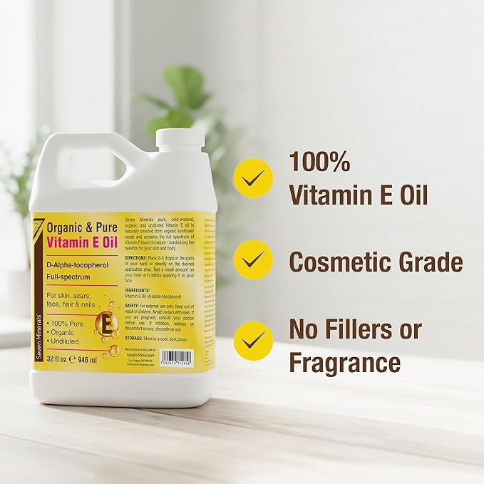 Seven Minerals Ultra Pure Vitamin E Oil - Full-Spectrum D-Alpha Tocopherol, 100% Organic Vitamin E Oil for Skin, Face, Hair, and Scars - Naturally Occurring = Not Synthetic (32 fl oz Jug)