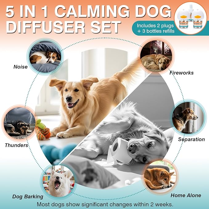 Dog Calming Pheromones Diffuser to Calm Pet 5 in 1 Advanced Kit (2 Plug in+3 Pack 48ml Refill) Appeasing Pheromone Diffuser for Anxiety ReliefReduce Aggression Fighting Barking Stress