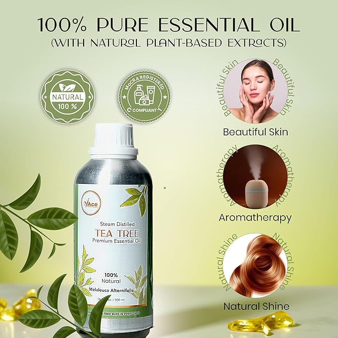 My Ace Tea Tree Essential Oil – 100% Pure & Natural, Premium Therapeutic Grade Oil for Face, Skin, Hair, Scalp, Diffuser & Aromatherapy – 16 fl oz with Dropper
