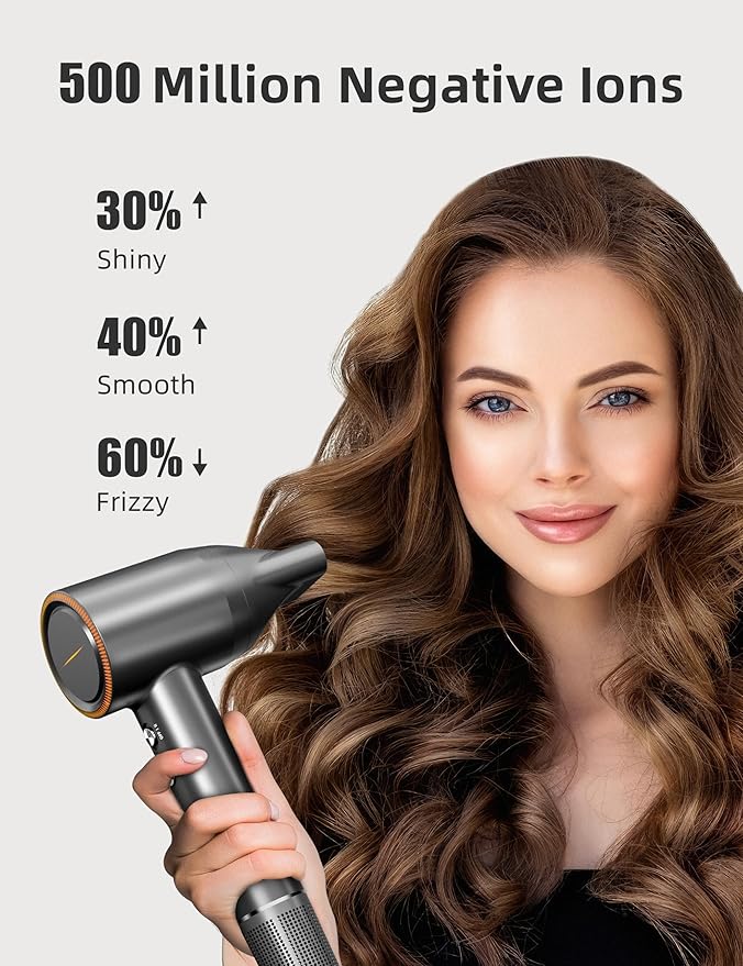 Negative Ionic High-Speed Hair Dryer with 11,0000 RPM Brushless Motor for Fast Drying, Professional Blow Dryer with Diffuser and Nozzle, Low Noise Hairdryer for Salon Home Travel