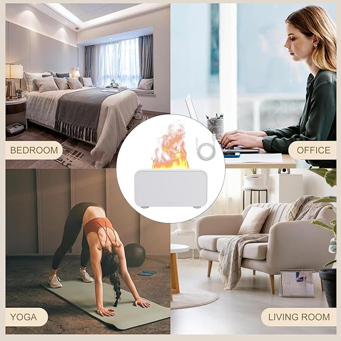 Mini Humidifier with LED Flame, Multiple Color Modes, 120 ml, Essential Oil Humidifier with Timer Adjustment and Waterless Auto Shut-Off for Home, Bedroom and Office(White)