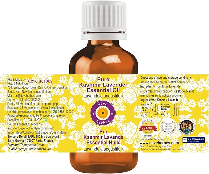 Deve Herbes Pure Kashmir Lavender Essential Oil (Lavandula angustifolia) Steam Distilled 100ml (3.38 oz)