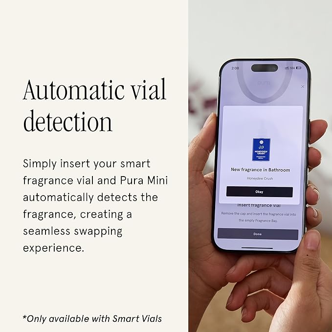 Pura Mini Smart Fragrance Diffuser for Small Spaces Adjustable Smart Home Device with LED Light & Automatic Vial Detection - Includes 1 Scent Refill - Linens & Surf