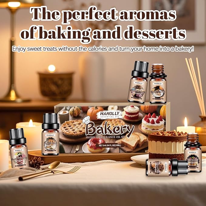 Bakery Essential Oils Set,Premium Fragrance Oil for Diffusers, Scented Oils for Soap & Candle Making, Pumpkin Pie, Apple Pie, S'Mores, Red Velvet Cake, Strawberry Shortcake,Glazed Donut