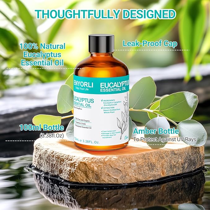 Eucalyptus Essential Oil 3.38 fl oz (100ml), Eucalyptus Oil for Diffuser & Aromatherapy, Natural Oil for Home Fragrance, Humidifier, Candle & Soap Making, Daily Use