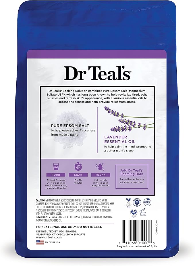 Dr Teal's Epsom Salt Soaking Solution, Soothe & Sleep, Lavender, 3lbs (Pack of 4)