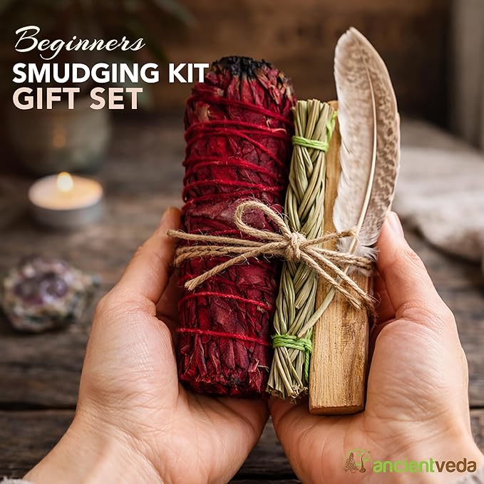 Ancient VEDA Organic Smudge Kit – Dragon's Blood, Palo Santo, Sweetgrass Braid, Feather & Smudge Guide | Home Cleansing Kit for Meditation, Yoga, Energy Healing (Starter Kit, Dragon's Blood Sage)