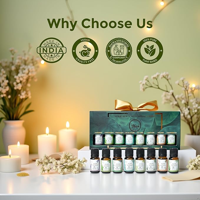 My ACE Pure Aromatherapy Pure Essential Oil Kit for Diffuser for Home, Candle Making Peppermint, Lavender, Eucalyptus, Tea Tree, Rosemary, Camphor, Lemongrass, Orange | 0.33 oz Each Set of 8