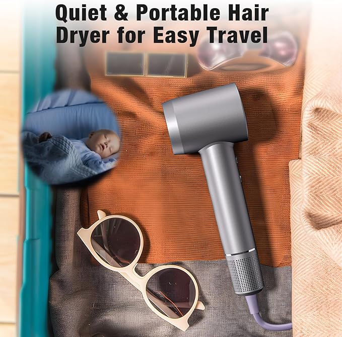 Hair Dryer, 160000 RPM Portable Professional Ionic Hair Dryer with 500 Million Negative Ions, Fast-Drying, Low Noise with Diffuser & Nozzle, Lightweight for Home and Travel