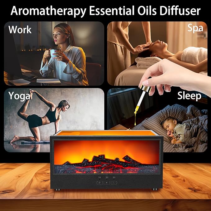 ONLYFU Fireplace Flame Diffuser, 7 Colors Air Aroma Humidifier for Home, 150ml Timer & Auto-Off Aromatherapy Essential Oil Diffuser with Remote for Spa, Yoga, Office (Black)