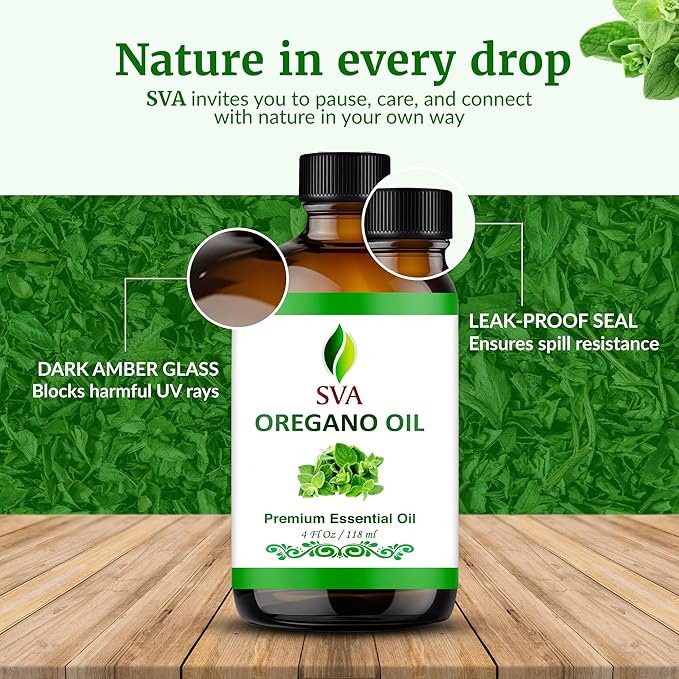 SVA Oregano Essential Oil – 4 Fl Oz – 100% Natural Oregano Oil - for Diffuser, Hair Care, Face, Skin Care, Aromatherapy, Scalp and Body Massage, Soap and Candle Making – with Dropper