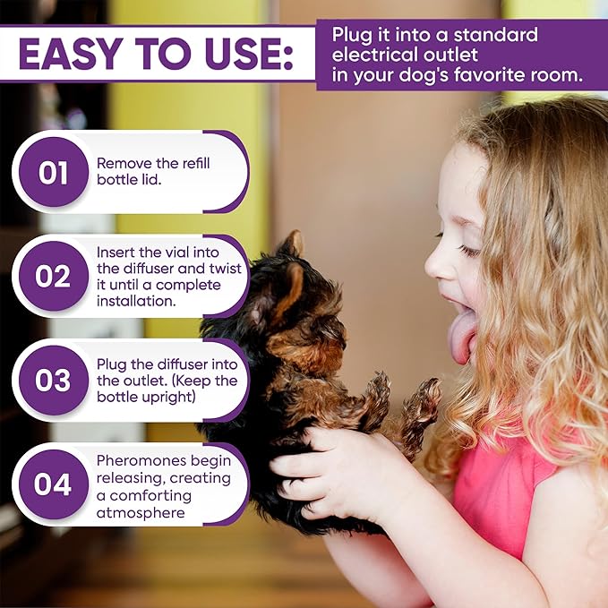 TopSum Calming Diffuser for Dog: Dog Pheromones Calming Diffuser Plug for Stress, Barking, Chewing, Pee Accidents & Separation Behaviors (Purple– 1 Diffuser+3 Refills)