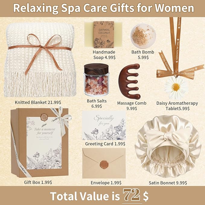 Self Care Gifts Baskets for Women, Relaxing Spa Care Package for Women, Mother's Day Birthday Gift Get Well Soon Gifts Baskets Thinking of You Gift, Spa Gift Basket with Bonnet & Massgae Comb, Beige