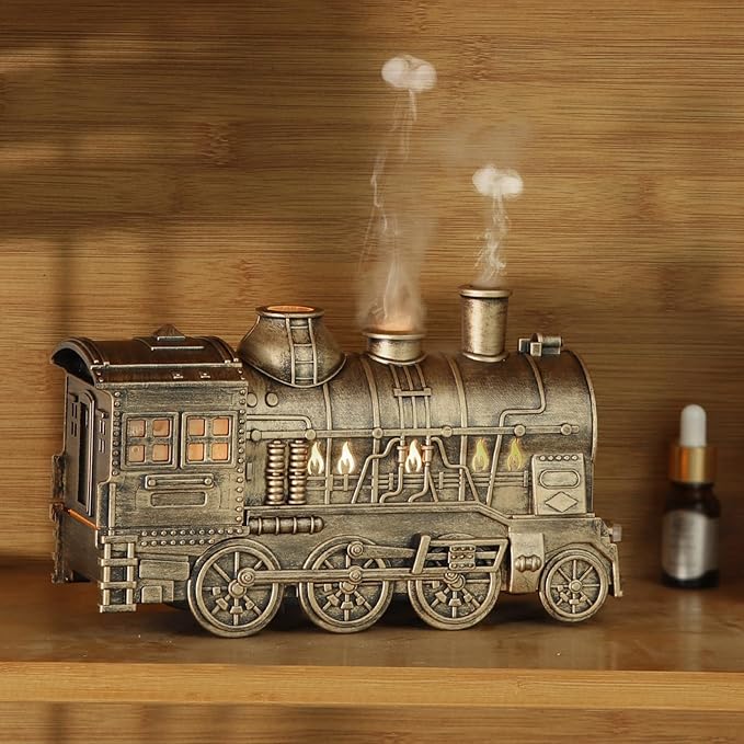 300ML Train Humidifier, Train Diffusers for Essential Oils, 2 Color LED Vintage Steam Christmas Train Aromatherapy Diffuser, 2 Dual Mist Modes Train Cool Mist Air Aroma Humidifier (Bronze)