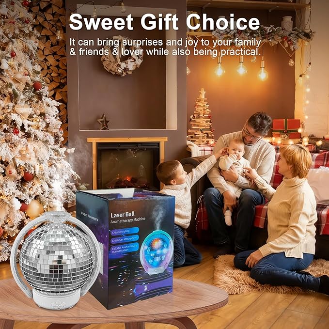 Rotating Disco Ball Diffuser, Mirror Ball Cute Diffuser with RGB Color Night Light, 2Timer Seting & 3 Light Mode Mirror Essential Oil Diffuser Aromatherapy Diffuser for Home Decor, Party, Bedroom