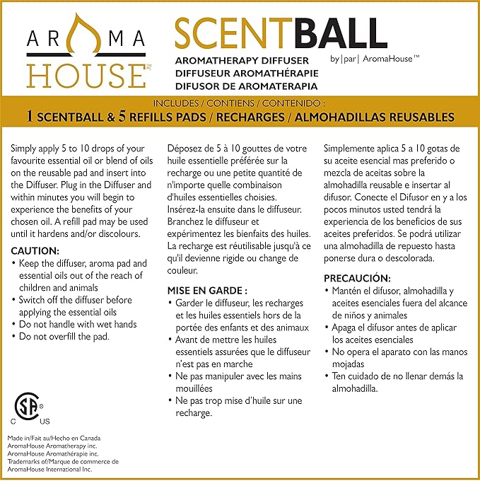 AromaHouse Scentball Plug-in Waterless & Cordless Aromatherapy Diffuser (White) with 5 Refill Pads, 1 Count