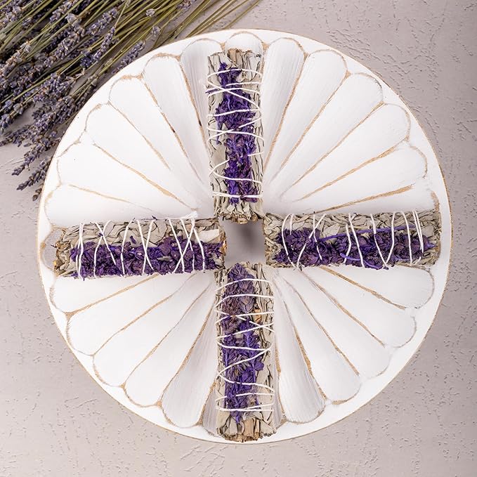 4 pc Lavender Sage Smudge Sticks with Turkey Feather – 4” Lavender Sage Bundle for Home Cleansing, Energy Healing, Meditation, Reiki, and Clearing Negative Energy- Includes Smudging Guide