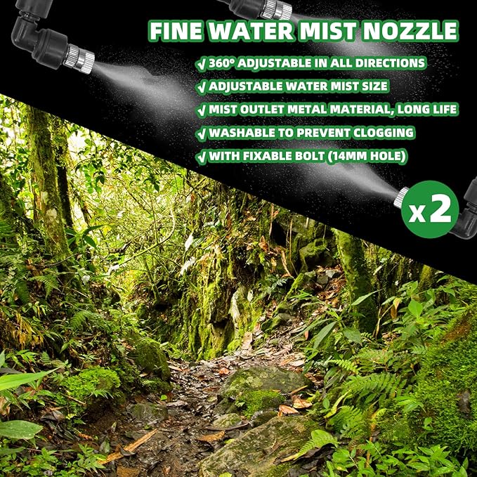 2 Pack Reptile Mister Nozzles, 1/4'' Reptile Misting Nozzles, Adjustable Reptile Fogger Fine Mist Nozzles for Full Water Coverage, Replacement Micro Spray Nozzles for Reptile Terrarium Tank