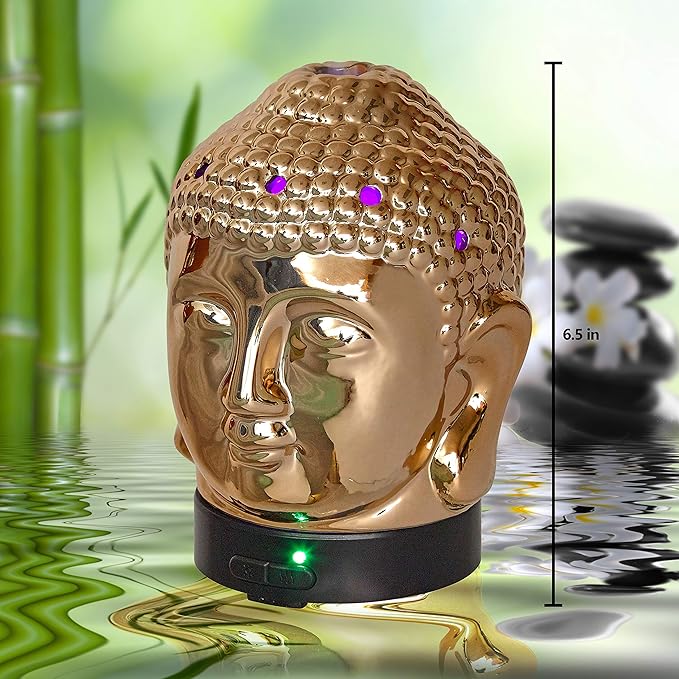Aromar Buddha Head Essential Oil Diffuser - Ultrasonic Aromatherapy Humidifier with LED Lights, Cool Mist, Auto Shut-Off for Home, Office, Yoga, Meditation Decor - Ceramic, Zen Budha Statue, 200ml