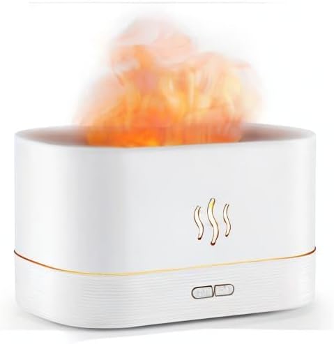 Flame Diffuser Humidifier-Auto Off 180ml Essential Oil Diffuser-2 Modes Brightness Aroma Humidifier with Fire Flame Effect for Home,Office,Spa,Gym(White)…