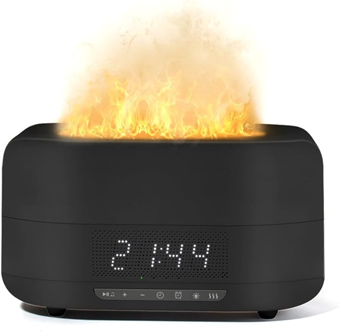Aroma Essential Oil Diffuser & Humidifier 400mL, 5-in-1 Flame Effect Ultrasonic Diffuser with Bluetooth Speaker, LED Night Light & Clock, Quiet Diffuser for Bedroom Sleep Relaxation(Black)