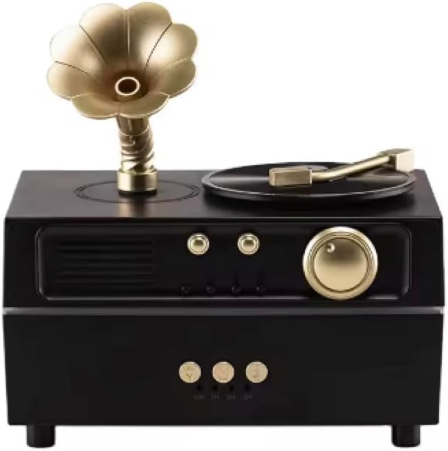 5 in 1 Diffuser Humidifier 200 ml, Bluetooth Speaker, 6 LED Light, Timer, Gramaphone & Vinyl Rotation Retro Design. Electric Powered, Remote Control, Rotation Mist Spray Aromatherapy