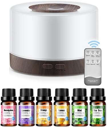 Remote Control Essential Oil Diffuser with LED Lights, Wood Grain Base, 500ml Aromatherapy Humidifier, 5.7x6.6 Inch, Timer Settings