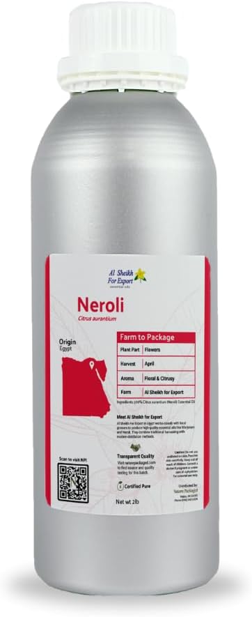 Neroli Essential Oil - Direct from Al Sheikh for Export Egypt - Steam Distilled - Aceite de Neroli for Aromatherapy, Massage, Diffuser, DIY Candle and Soap Making - 2lbs