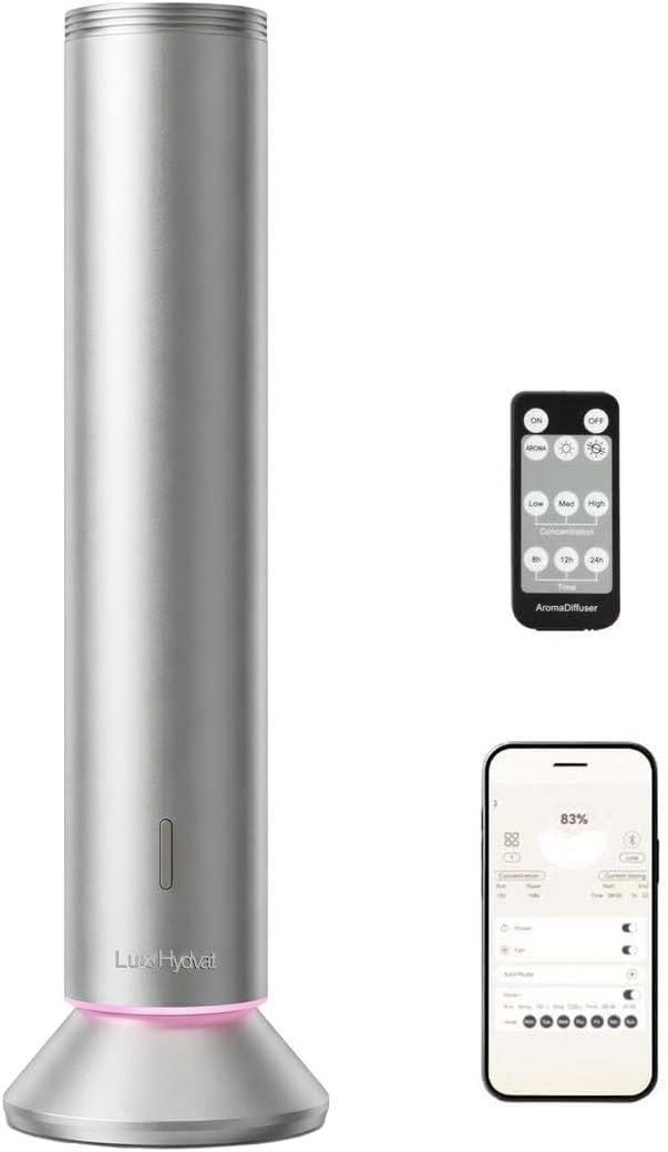 Waterless Essential Oil Diffuser: Smart App & Remote Control, 4000 Sq Ft Coverage, Quiet Aroma Diffuser for Large Room Home Hotel Office, Up to 20H Runtime, 360° Light & Time (Silver, Cylindrical)