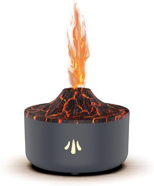200ml Lava Volcano Aromatherapy Diffuser，Essential Oil Diffuser with Flame Effect LED Lights, Quiet Ultrasonic Mist, Auto Shut-Off, for Home, Office, Yoga & Bedroom (Black Gray)