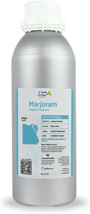 Marjoram Essential Oil - Direct from Al Sheikh for Export Egypt - Steam Distilled - Aceite de Mejorana for Aromatherapy, Massage, Diffuser, DIY Candle and Soap Making - 2lbs