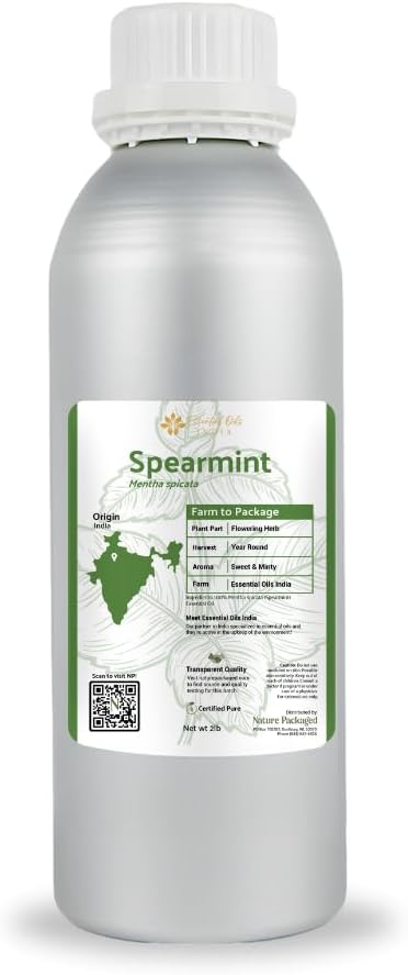 Spearmint Essential Oil - Direct from Essential Oils India - Steam Distilled - Aceite Esencial de Menta Verde for Aromatherapy, Massage, Diffuser, DIY Candle and Soap Making - 2lbs