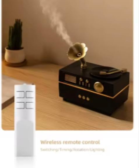 5 in 1 Diffuser Humidifier 200 ml, Bluetooth Speaker, 6 LED Light, Timer, Gramaphone & Vinyl Rotation Retro Design. Electric Powered, Remote Control, Rotation Mist Spray Aromatherapy