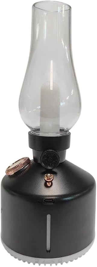 Aroma Diffuser-Vintage LED Night Lamp with Timed Spray; 1200mAh Battery; Wireless; Colorful Lights; Fine Water Mist; Dimming Control; Two Level Spray Quantity; 280mL Capacity. (Matte Black)