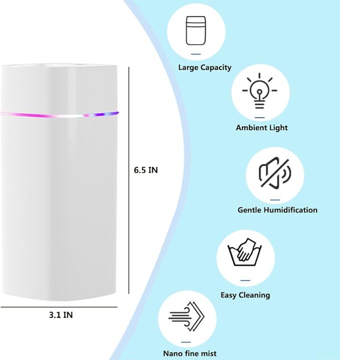 JORMEY Mini Portable Humidifiers-Quiet Cool Mist Humidifier with Soft LED Ring, 600ml Desktop Humidifier, Easy to Fill and Clean for Home, Office or Bedroom, Compact & Stylish
