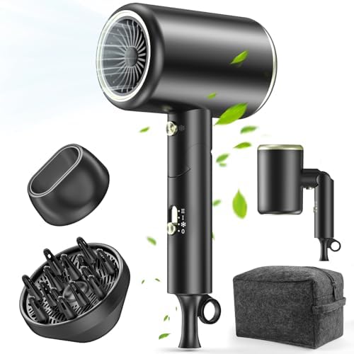 Hair Dryer, 150000RPM Ionic Blow Dryer - Fast Drying, Low Noise, Foldable Portable with Diffuser and Nozzle, Compact Mini for Women and Men, Home and Travel - Black