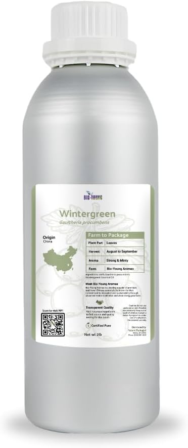 Wintergreen Essential Oil - Direct from Bio-Young Aromas China - Steam Distilled - Aceite de Gaulteria for Aromatherapy, Massage, Diffuser, DIY Candle and Soap Making - 2lbs