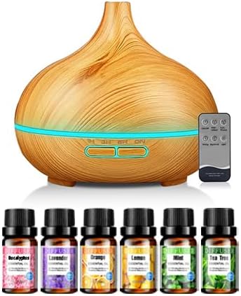 Essential Oil Scent Diffuser, 500ML Aroma Diffuser W/Remote Control, Large Fragrance Aromatherapy Diffuser, Mist Humidifier With LED Lights & Auto-Off for Bedroom & Home, W/6 Bottles of Essential Oils
