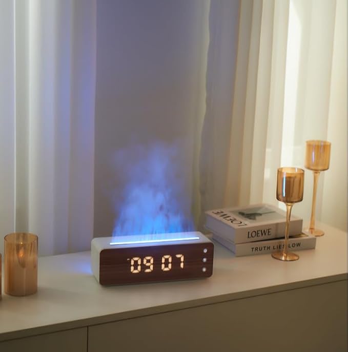 ClocTeck Flame Diffuser Humidifier, 700ml Large Fire Diffuser Humidifier for Desk, Full-Color Adjustable, Time & Humidness Display, 26dB Quiet, Cool Mist Diffuser, Essential Oil Diffuser for Bedroom