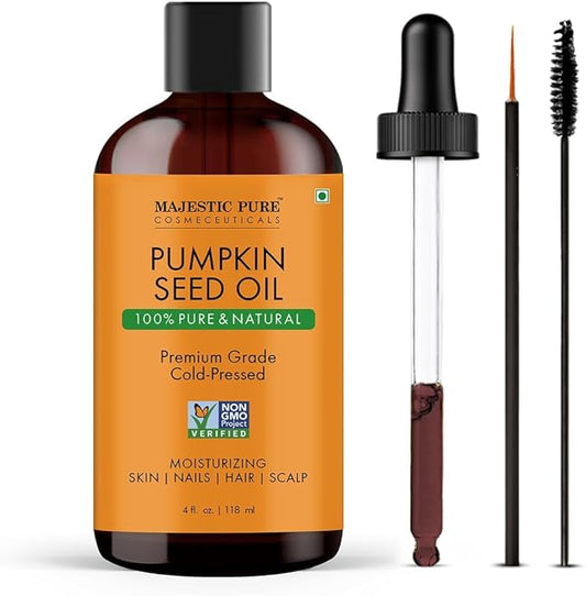 Majestic Pure Pumpkin Seed Oil - 100% Pure & Natural - Premium Grade, Cold Pressed, Hexane Free - Hair, Eyelashes, Eyebrows, Nails - Moisturizing & Nourishing - 4 Fl Oz