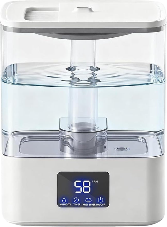KZF 4L Top Fill Humidifiers for Bedroom & 60H Runtime - Cool Mist Humidifier, 3 Mist Levels, 8H Timer, Essential Oil Tray, Humidity Display, Quiet for Bedroom, Baby, Plants, Large Room (White, 4L)