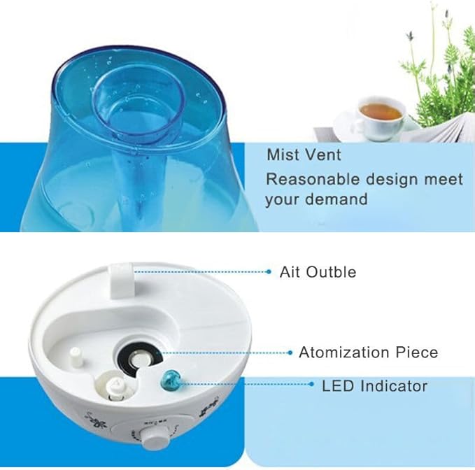 Cool Mist Ultrasonic Air Humidifier Adjustable Diffuser for Bedroom (Blue)