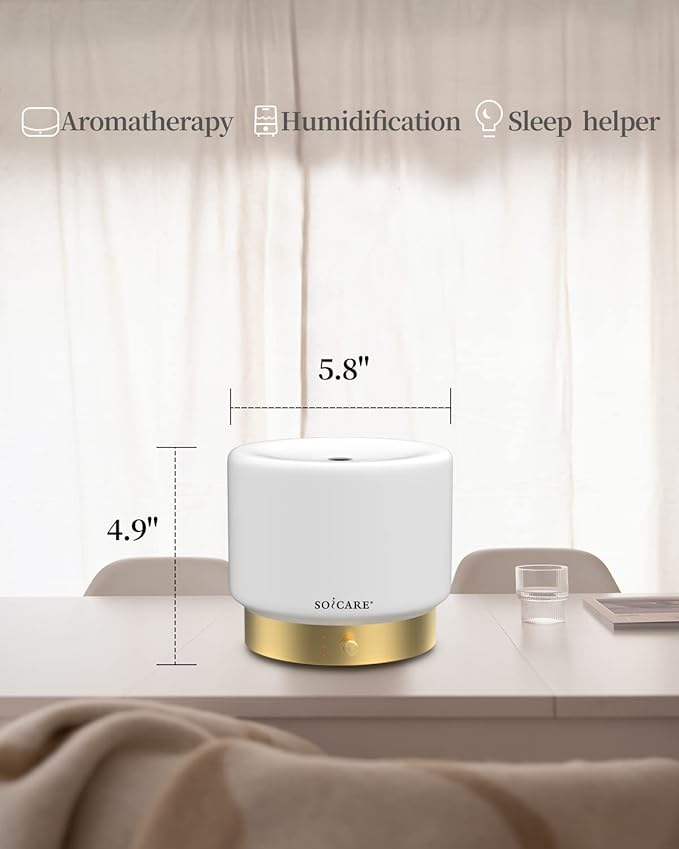 SOICARE Glass Diffuser with Luxury Alloy Base(Gold), All-in-one Room Decor Aromatherapy Oil Diffusers for Essential Oils, Air Scent Essential Oil Diffuser Humidifier,Dimmable Warm Light (280ML)
