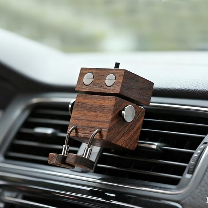 Car Air Diffuser - 2-in-1 Shaking Wooden Man Figurine & Refillable Aroma Vent Clip with 5ml Capacity + 5 Sticks, Walnut Wood Essential Oil Air Freshener, Car Dashboard Decor Gift for Driver