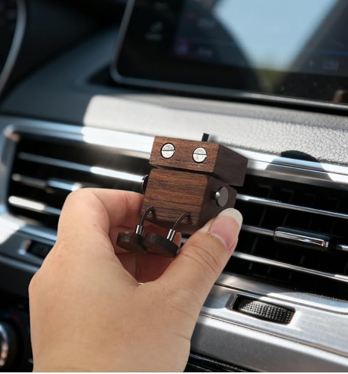 Car Air Diffuser - 2-in-1 Shaking Wooden Man Figurine & Refillable Aroma Vent Clip with 5ml Capacity + 5 Sticks, Walnut Wood Essential Oil Air Freshener, Car Dashboard Decor Gift for Driver