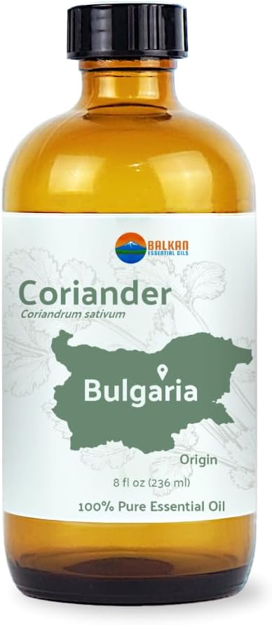 Coriander Essential Oil - Direct from Bulgarian Balkan Mountains - Steam Distilled - Aceite Cilantro for Aromatherapy, Massage, Diffuser, DIY Candle and Soap Making - 8oz